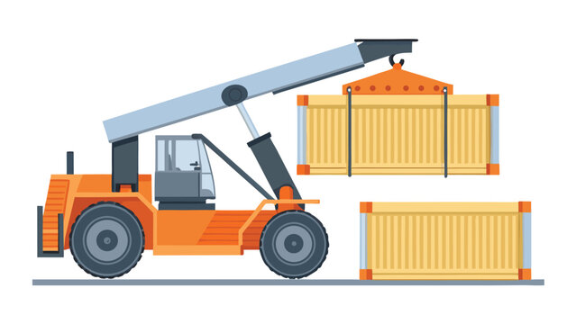 Illustration of a straddle carrier lifting a shipping container with another container below it