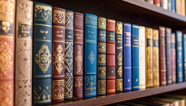 Row of antique books on a wooden shelf