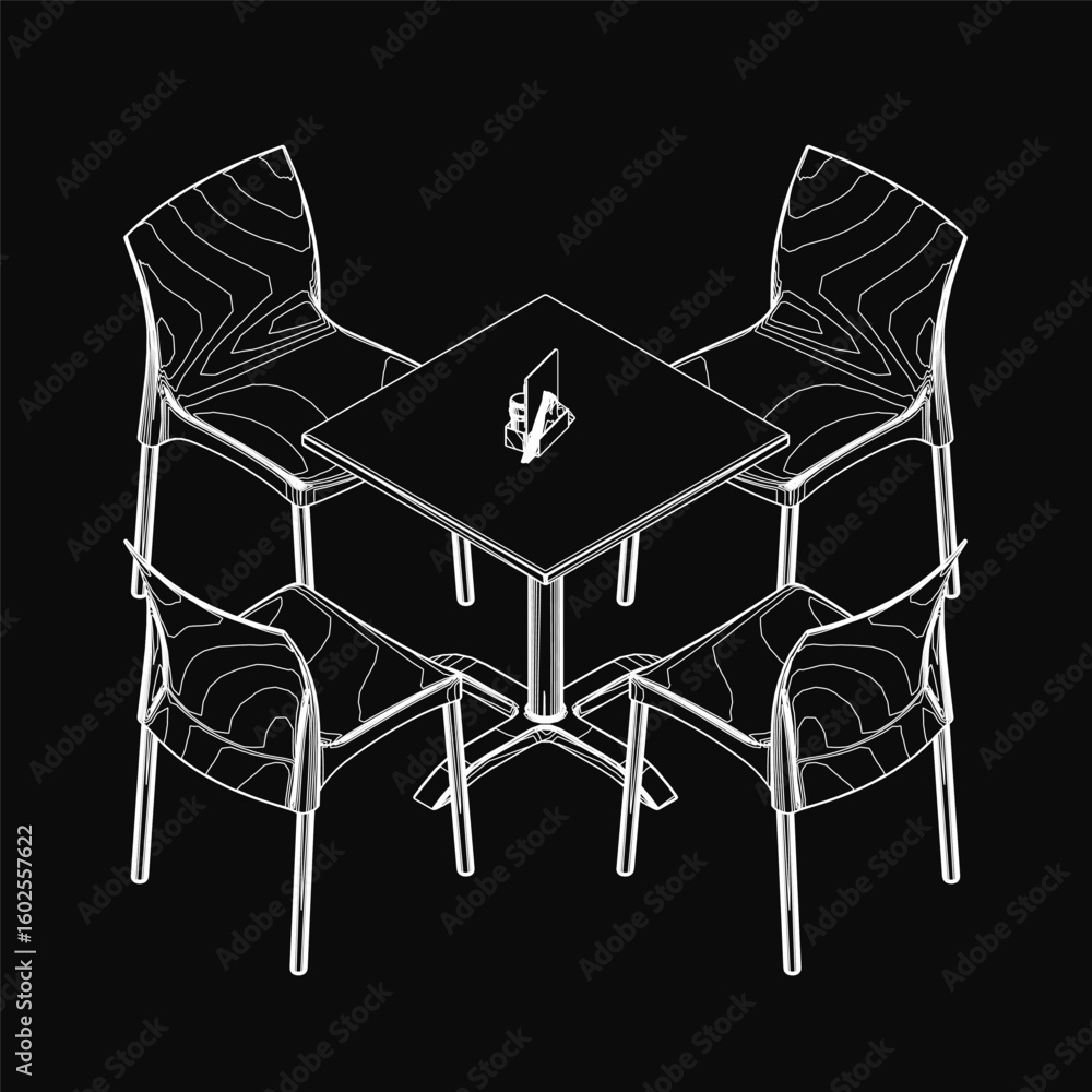 Poster a black and white contour drawing of a table surrounded by four chairs, featuring a single object pl