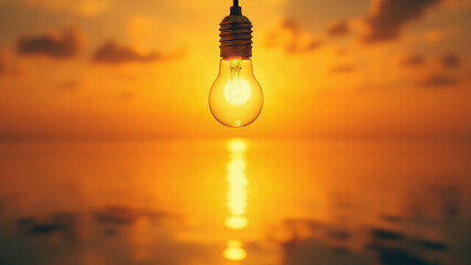 Light Bulb Hanging Over Calm Water at Sunset | Illuminated Light Bulb Over Ocean at Golden Hour | Sunlit Light Bulb Over Calm Water at Dusk

