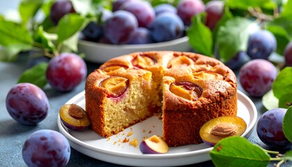 Delicious plum cake on a plate