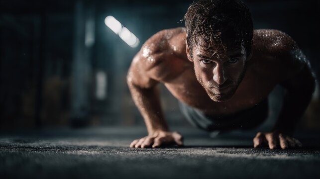 Ultra realistic photo of a crossfit athlete performing burpees in gritty gym