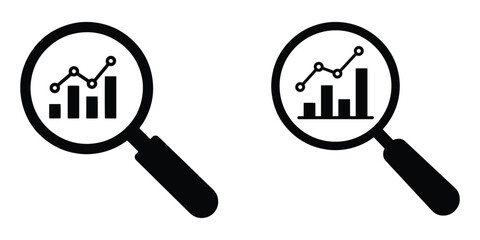 Analytics and Statistics Icon – Black Vector Magnifying Glass with Chart and Graph Symbol