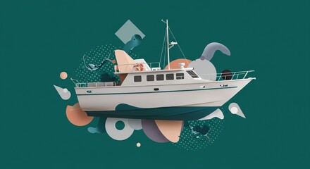 White and Green Boat Floating in Abstract Geometric Composition