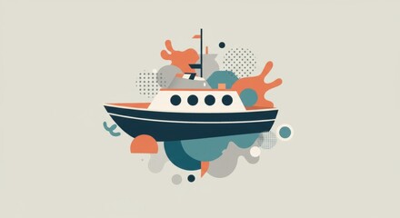 Abstract Boat with Orange Splatters and Blue Geometric Shapes