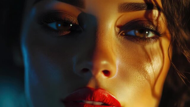 Mid-range close up of woman with red lipstick and dramatic eye makeup, looking to the side.