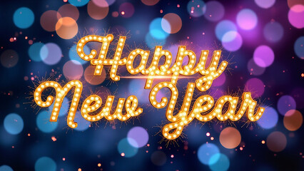 Happy New Year Neon Sign with Colorful Bokeh Lights | Bright Happy New Year Sign with Festive Lights | New Year Neon Message on Bokeh Background

