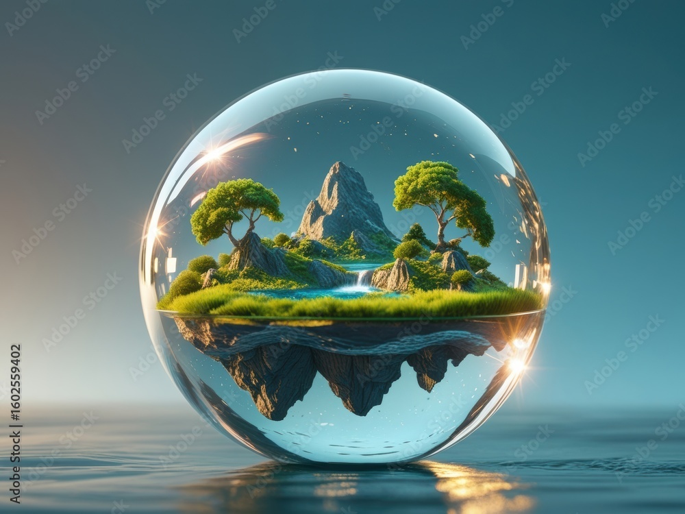 Poster floating miniature island with trees and a mountain inside a transparent glass sphere on a reflectiv