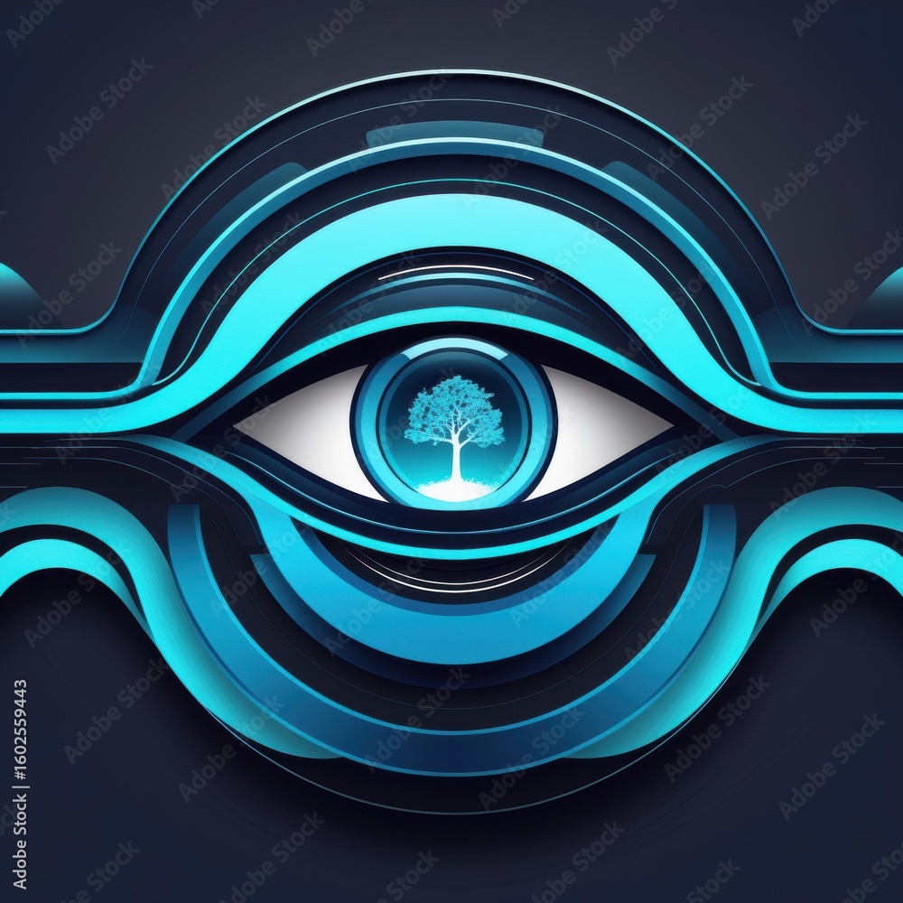 Poster abstract eye design with glowing blue layers and a tree symbol in the center on a dark background
