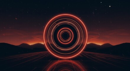 Abstract Glowing Red Rings Landscape with Retro Grid and Dark Sky
