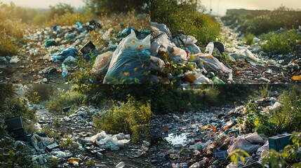 Plastic garbage and waste pile up in a grassy field to show environmental pollution risks.