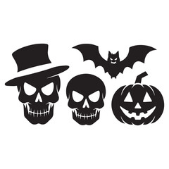 A black silhouette of a skull wearing a hat, a flying bat, and a smiling jack lantern with a triangle nose against a white background.
