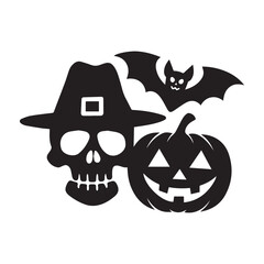 A black silhouette of a skull wearing a hat, a flying bat, and a smiling jack lantern with a triangle nose against a white background.