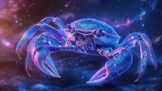 Fantastical underwater creature with vibrant blue shell and claws against cosmic backdrop.