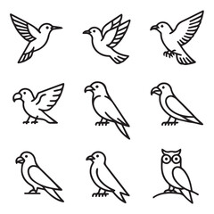 Obraz premium A curated set of nine line art bird icons, representing different avian types in flight and perched, perfect for design elements