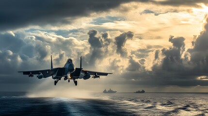 Naval Power Projection: A Majestic F-14 Fighter Jet Soaring Above a Fleet at Dusk