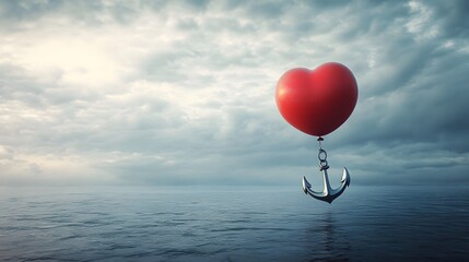 Symbolic Freedom: A Heart-Shaped Balloon Lifting a Heavy Anchor Above a Vast Ocean