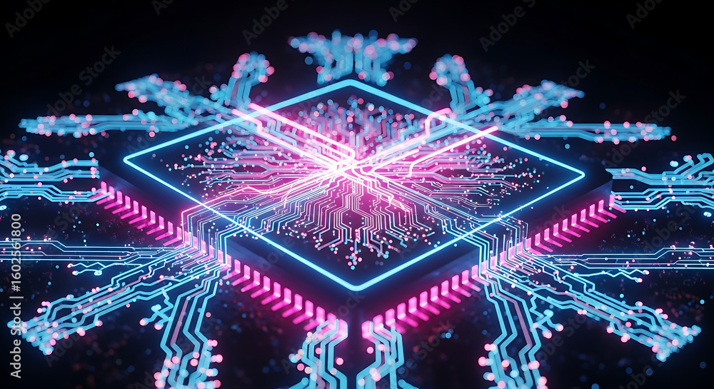 Aufkleber a close up view of a glowing computer chip with pink and blue neon lights on a dark background