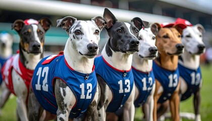 Racing dogs in football jerseys