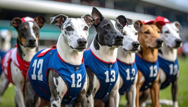 Racing dogs in football jerseys