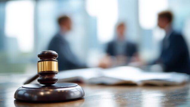 Legal proceedings are underway with a gavel resting on a table as blurred figures discuss a case in the background suggesting deliberation and