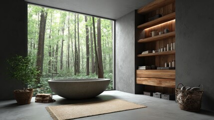Modern bathroom with a view of a lush forest.