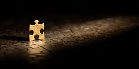Single puzzle piece stands out, ready to connect with others, symbolizing completion and unity