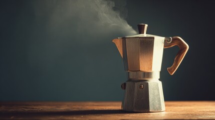 A steaming Moka pot on a wooden surface, showcasing the art of brewing fresh coffee at home.