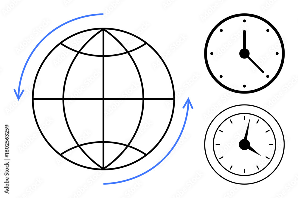 Poster globe surrounded by directional arrows next to two clocks showing different times. ideal for global 