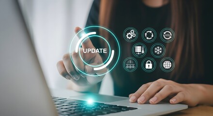 conceptually represents the process of updating software or systems, with a user initiating an update surrounded by visual cues for data processing, security, and global reach.