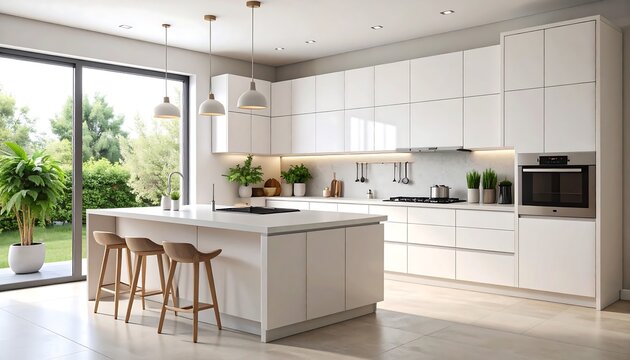 Modern white kitchen with garden view - Powered by Adobe