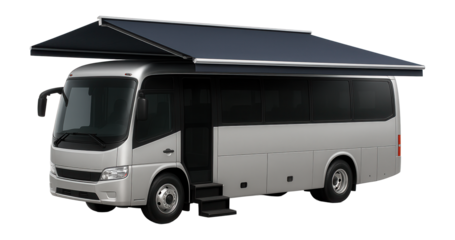 Mobile vaccination bus with retractable awning and side access steps