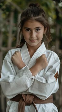 A young female in a traditional judo gi, demonstrating strength and readiness for combat sports.