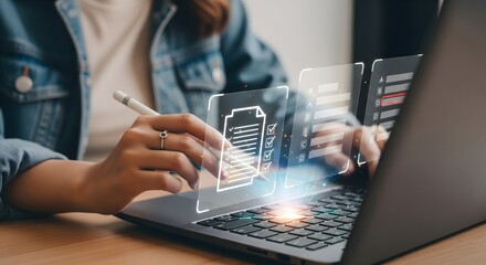 modern way of completing documents and surveys digitally, with a user utilizing a stylus for precision on a glowing, interactive interface.