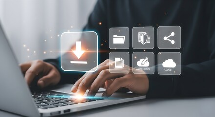 A close-up of hands typing on a laptop, overlaid with a futuristic display of download progress and various icons related to secure cloud computing and file sharing.