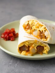 Delicious breakfast burritos with eggs and cheese kitchen food photography cozy atmosphere close-up culinary delight