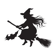 An illustration of a classic Halloween-style flying witch silhouette on a broomstick. 