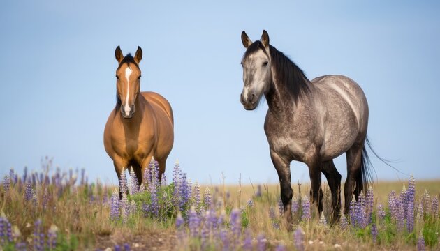 Horses grazing among purple flowers open field nature photography daytime close-up tranquility in motion