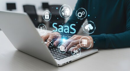conceptually represents the utilization and benefits of SaaS, with a professional interacting with a virtual dashboard showcasing cloud-based software solutions and their features.