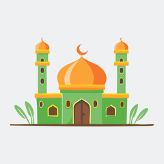 Cartoon Illustration of a Green and Orange Mosque with Crescent Moon