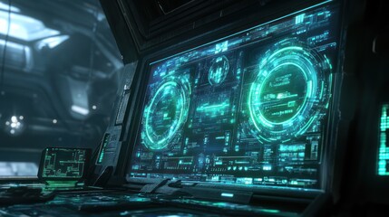 Obraz premium Futuristic spaceship control panel with holographic display showing data and information.