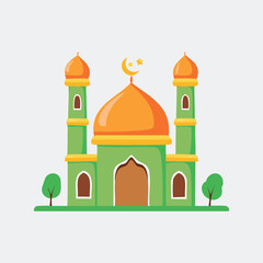 Cartoon Mosque Illustration with Crescent Moon and Stars on Top