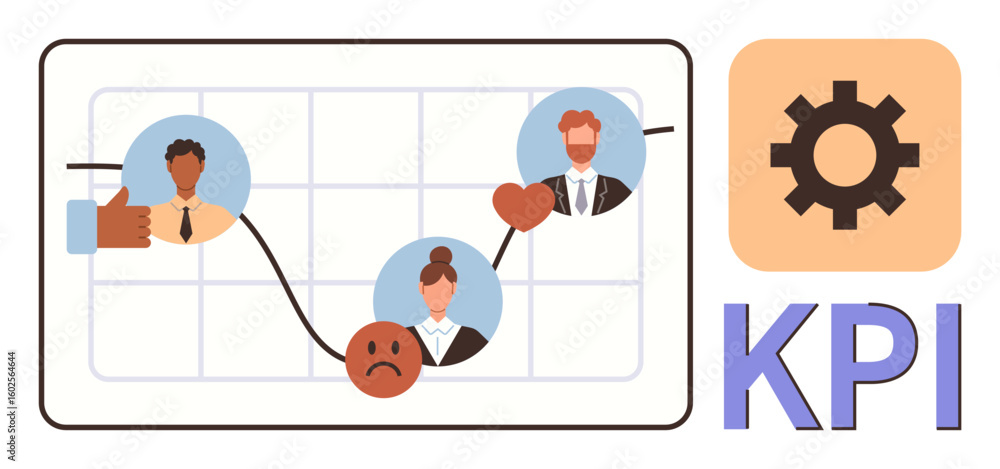Poster graph with emotion and team faces illustrating performance, gear icon for kpi measurement. ideal for