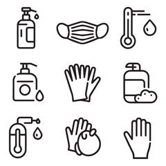 A set of nine hygiene and health icons depicting hand washing, sanitizer, face mask, gloves, and thermometer for personal care and safety