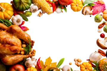 thanksgiving dinner food frame with delicious traditional thanksgiving roasted turkey, fresh autumn veggies and white empty middle as a copy space