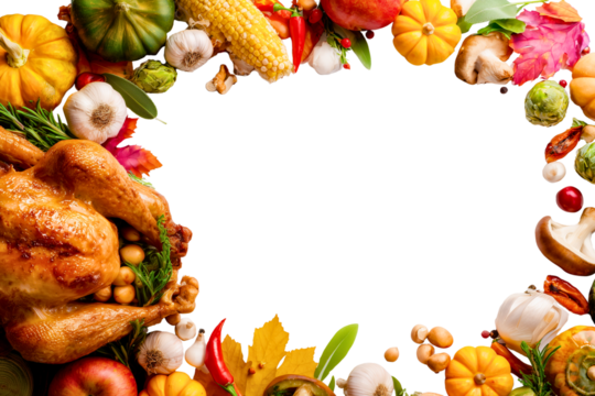 thanksgiving dinner food frame with delicious traditional thanksgiving roasted turkey, fresh autumn veggies and white empty middle as a copy space