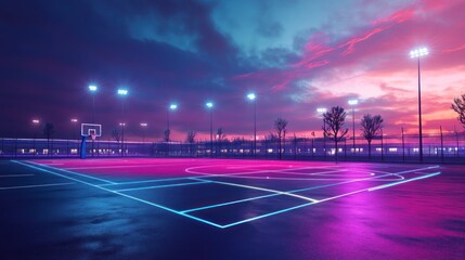 Neon-lit outdoor basketball court at sunset.