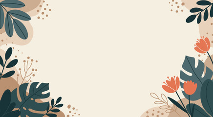 Elegant Botanical Frame illustration with Tropical Leaves and Flowers on Beige Background