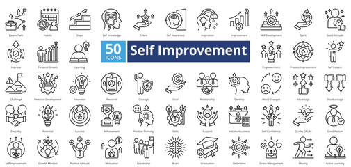 Self Improvement icon set contains 50 icons including, motivation, leadership, brain, graduation, determine, improve, personal growth, learning, simple vector outline style.