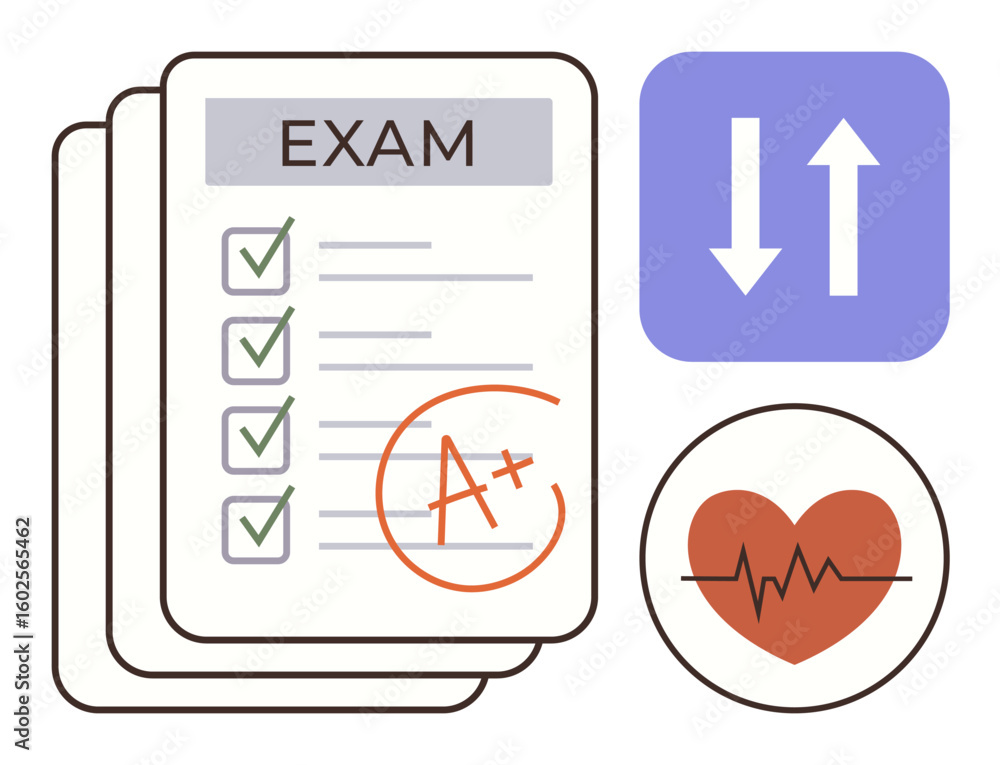 Poster stacked exam papers with checkmarks and a grade, red heartbeat monitor, and up-and-down arrows. idea